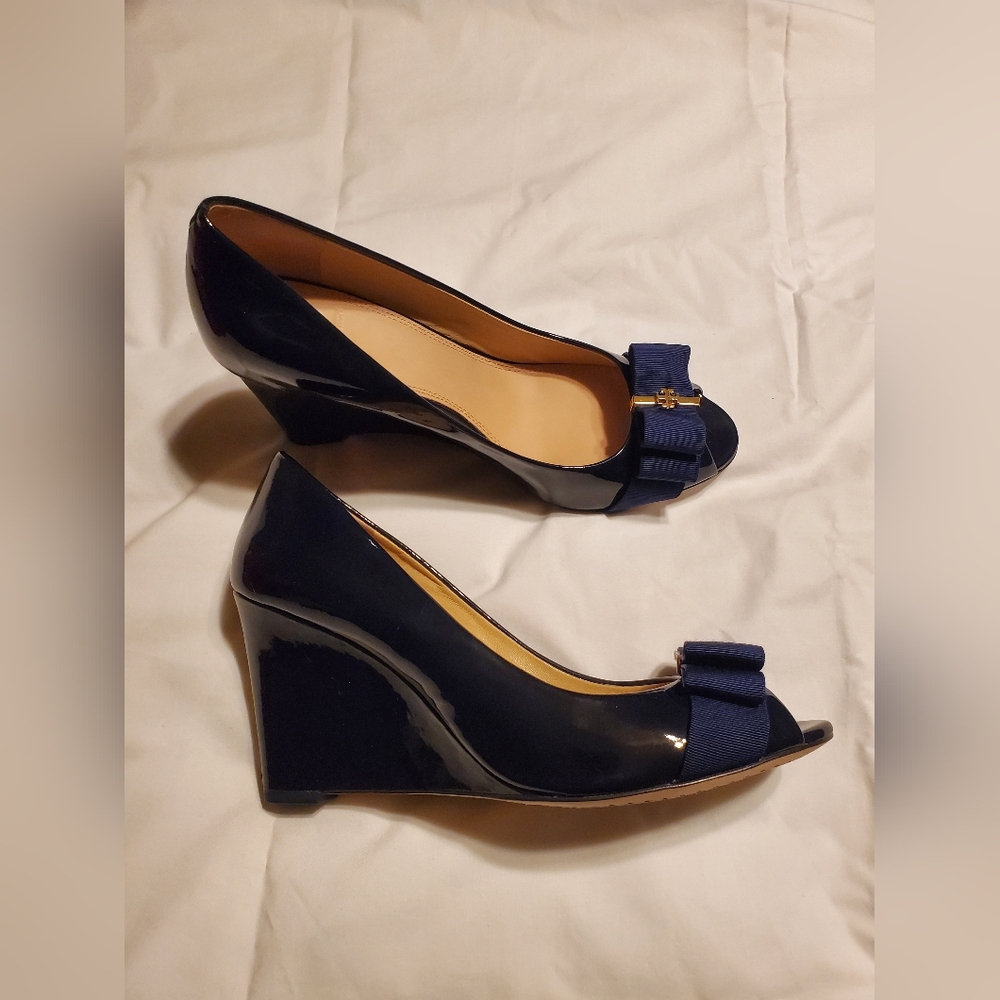 NWT - Tory Burch Trudy Peep Toe Wedge in Blue - Size 10